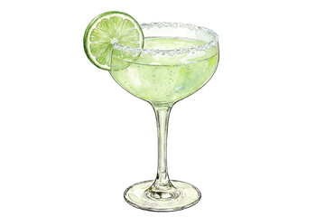 watercolor illustration of classic margarita cocktail with salt rim and lime garnish isolated
