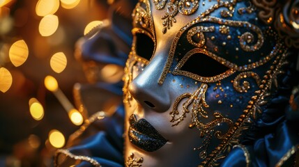 Ornate mardi gras mask with intricate gold details and festive lights. Horizontal banner. Copy space. Holiday template. Shrove Tuesday. Fat Tuesday. Carnaval