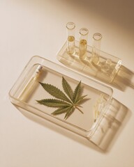 Cannabis leaf and laboratory test tubes on beige background for medicinal study concept,,National Hemp Day