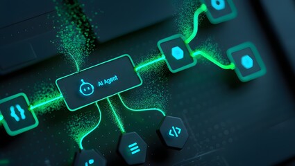 AI workflow automation artificial intelligence software interface nodes triggers data tool dashboard coding icon flow process technology 3d rendering.