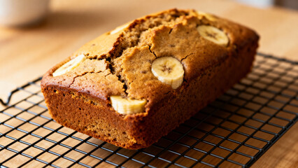 Vegan banana bread on cooling rack with sliced bananas and golden crust. Freshly baked vegan banana bread on rack showcases moist texture and rich flavor.