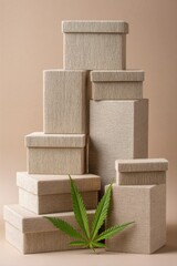Sustainable gift packaging with stacked eco-friendly textured boxes and cannabis leaf,,National Hemp Day