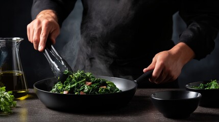 Chef tossing sauteed spinach and greens in skillet with steam for keto low carb dinner cooking in dark modern kitchen