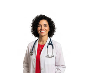 Smiling female doctor wearing stethoscope isolated on transparent background with red shirt