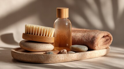 Spa and wellness concept with natural bath accessories on stone tray