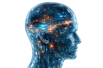 Artificial intelligence human head with glowing brain activity depicting neural network thought processes