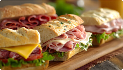 Variety of deli sandwiches featuring salami, ham, and cheese, arranged for serving, Food & Drink, casual dining