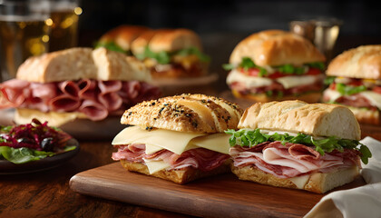 Variety of deli sandwiches featuring salami, ham, and cheese, arranged for serving, Food & Drink, casual dining