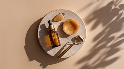 Skincare essentials with jade roller and serum on beige stone background