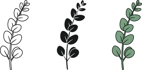 Collection of eucalyptus branch icons featuring line art silhouette and flat design styles for natural branding and botanical illustrations © Ahmad