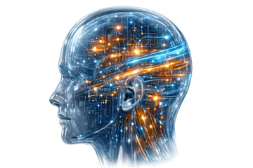 Human head profile showcasing a vibrant neural network, digital mind concepts and data processing on transparent background