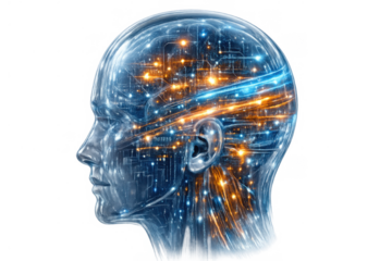 Human head profile showcasing a vibrant neural network, digital mind concepts and data processing on transparent background