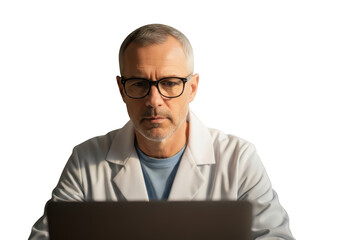 Mature doctor working on laptop computer isolated on transparent background