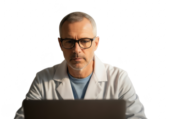 Mature doctor working on laptop computer isolated on transparent background