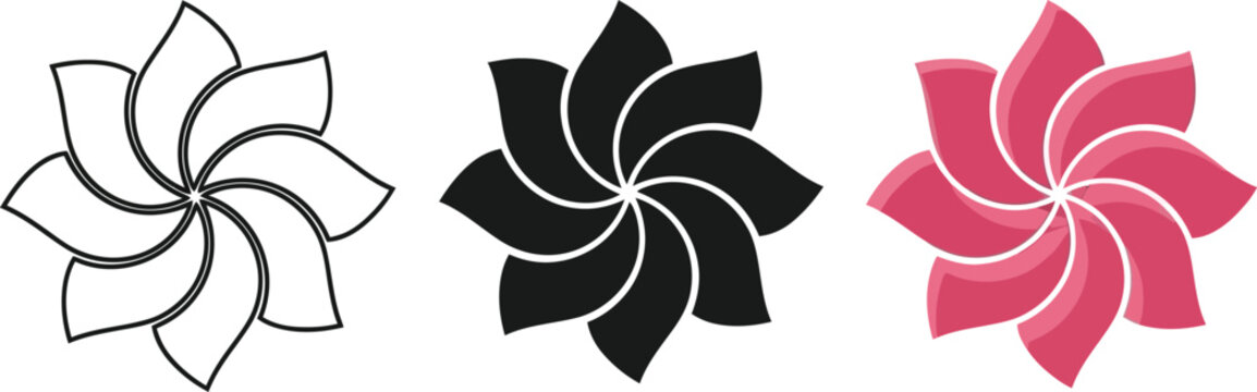 Collection of abstract floral or pinwheel icons in outline solid black and pink gradient styles perfect for branding and design elements