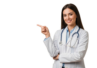A smiling female doctor pointing with a stethoscope around her neck isolated on transparent background