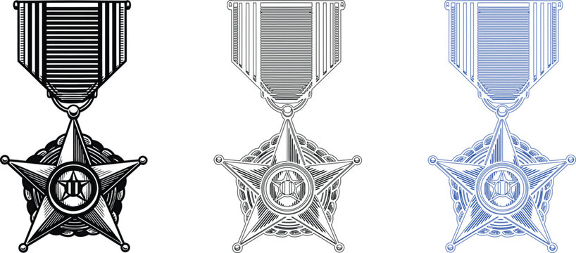 Military medal and award star icons set for honor and achievement vector illustration