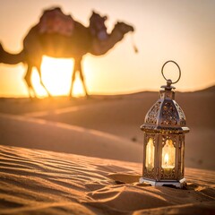 Desert Lantern at Sunset with Camel Silhouette.