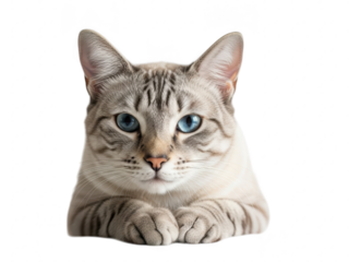 Gray tabby cat with blue eyes lying down isolated on transparent background