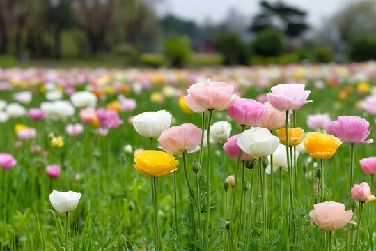 Colorful flowers bloom in a garden during spring season - Powered by Adobe