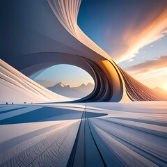 Futuristic Winter Landscape with Architectural Marvel and Golden Sunset.