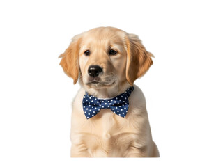 Cute golden retriever puppy wearing blue bow tie isolated on transparent background with adorable expression