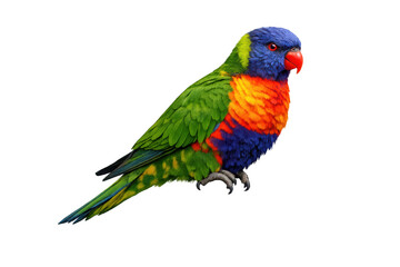 Obraz premium Rainbow lorikeet parrot standing, displaying its beautiful green, blue, orange, and yellow plumage. Wildlife bird cutout