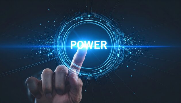 Close-up of a finger activating a glowing blue digital power button with intricate futuristic interface - Powered by Adobe