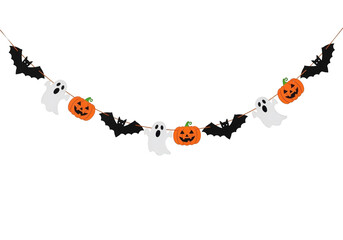 Halloween garland with pumpkins ghosts and bats on a string for decoration isolated on transparent background