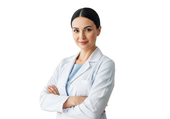 A confident female doctor with her arms crossed wearing a white lab coat and stethoscope on a transparent background in a medical environment