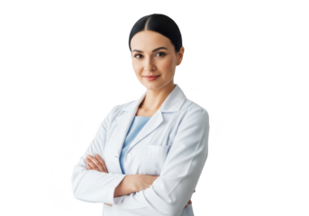 A confident female doctor with her arms crossed wearing a white lab coat and stethoscope on a transparent background in a medical environment