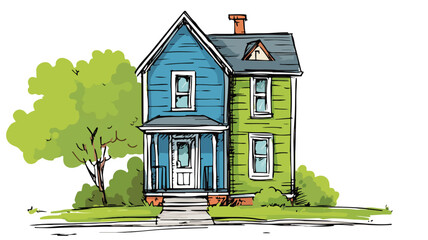 Modern Blue and Green House with Additional House on Top - Vector Illustration