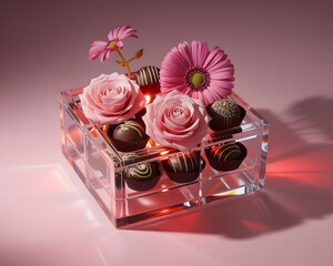Illuminated Crystal Chocolate Box with Pink Roses and Gerberas