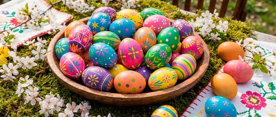 Vibrant collection of intricately decorated Easter eggs arranged closely together. Each egg features a unique design with patterns such as stars, flowers, polka dots, and stripes in bright colors.
