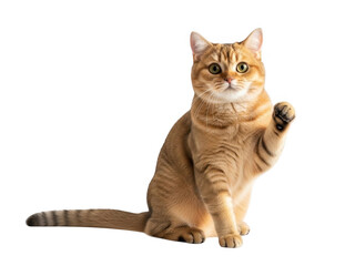 Orange tabby cat sitting on hind legs and waving paw isolated on transparent background