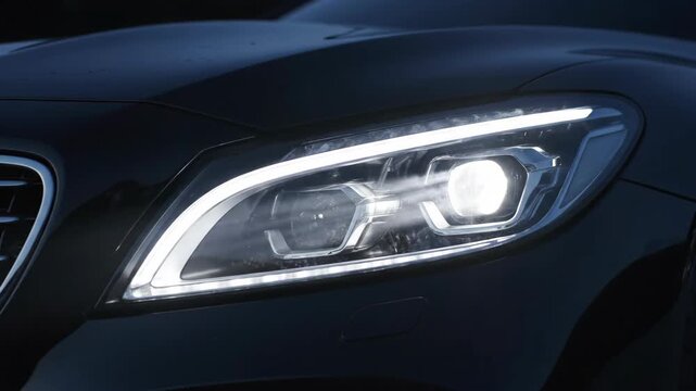 Modern car LED headlight operation sequence. Automobile lighting switching from daytime running to full beam. Advanced vehicle technology.