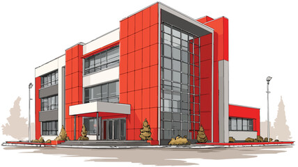 Modern Red Office Building Exterior View for Corporate Company Branding