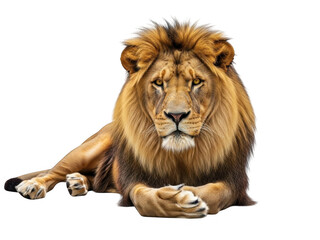 A majestic lion lying down isolated on transparent background with a regal mane and piercing eyes