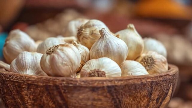 A visually appealing close-up shot features a bounty of fresh, whole garlic bulbs artfully arranged within a rustic, textured wooden bowl. The gentle lighting accentuates the natural, papery skins of 