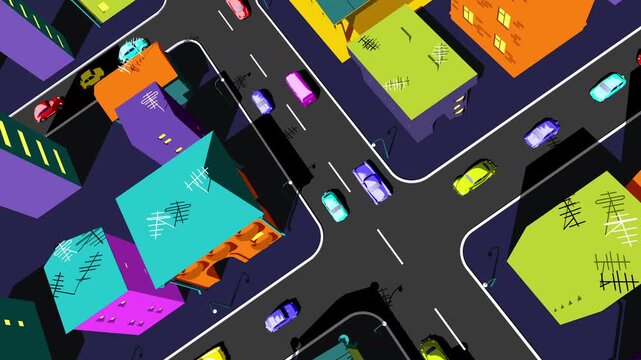 Cartoon 3D Night City Traffic Loop Animation