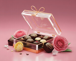 Luxury Open Chocolate Gift Box with Gold Ribbon and Rose Accents