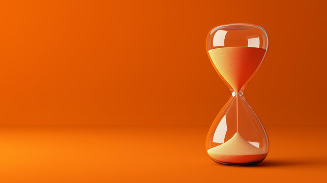 Hourglass with flowing sand on an orange background, time concept