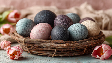 A rustic nest holds naturally dyed Easter eggs in muted tones of blue, pink, and grey, accented by soft pink tulips for a serene spring and holiday display.