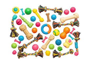 A collection of colorful dog toys on a transparent background for pets to play