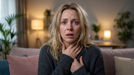 Woman showing distress and fear at home depicting victim of domestic violence, Real life situation 