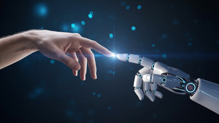 Human and Robot Hand Touching in Futuristic Blue Lighting with Neon Glow for Technology