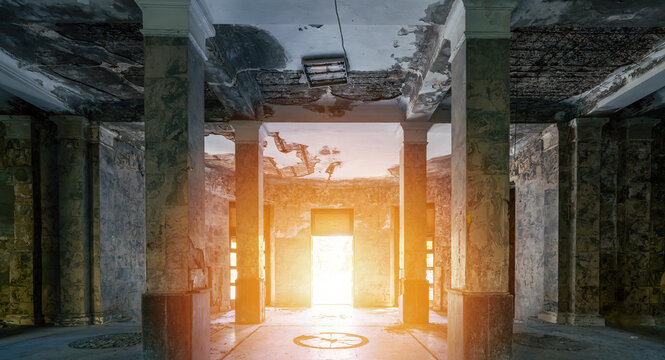 Sunlight shining through doorway in abandoned ruined building, urban exploration, decay aesthetics, post-apocalyptic architecture, lost place interior, grunge textures.