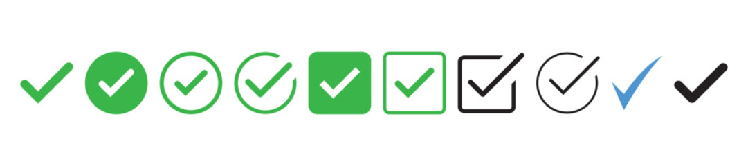 Green tick icon set. Check mark sign for app, website or ui design. Transparent PNG and vector