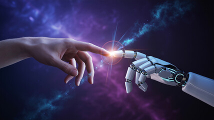 Human and Robot Hand Touching in Futuristic Cosmic Space with Vibrant Purple and Blue Lighting for Technology