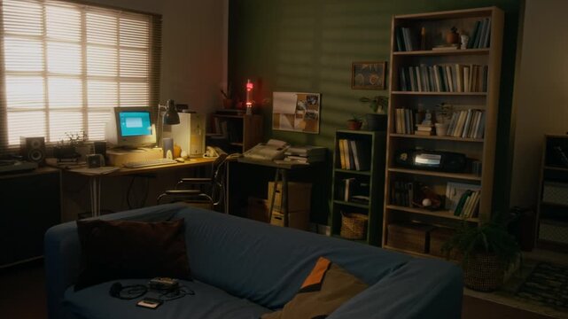 Full panning shot of retro interior of living room in 90s family home, with couch, bookcases, vintage vinyl music player, workspace with desktop computer with blinking screen, window blinds